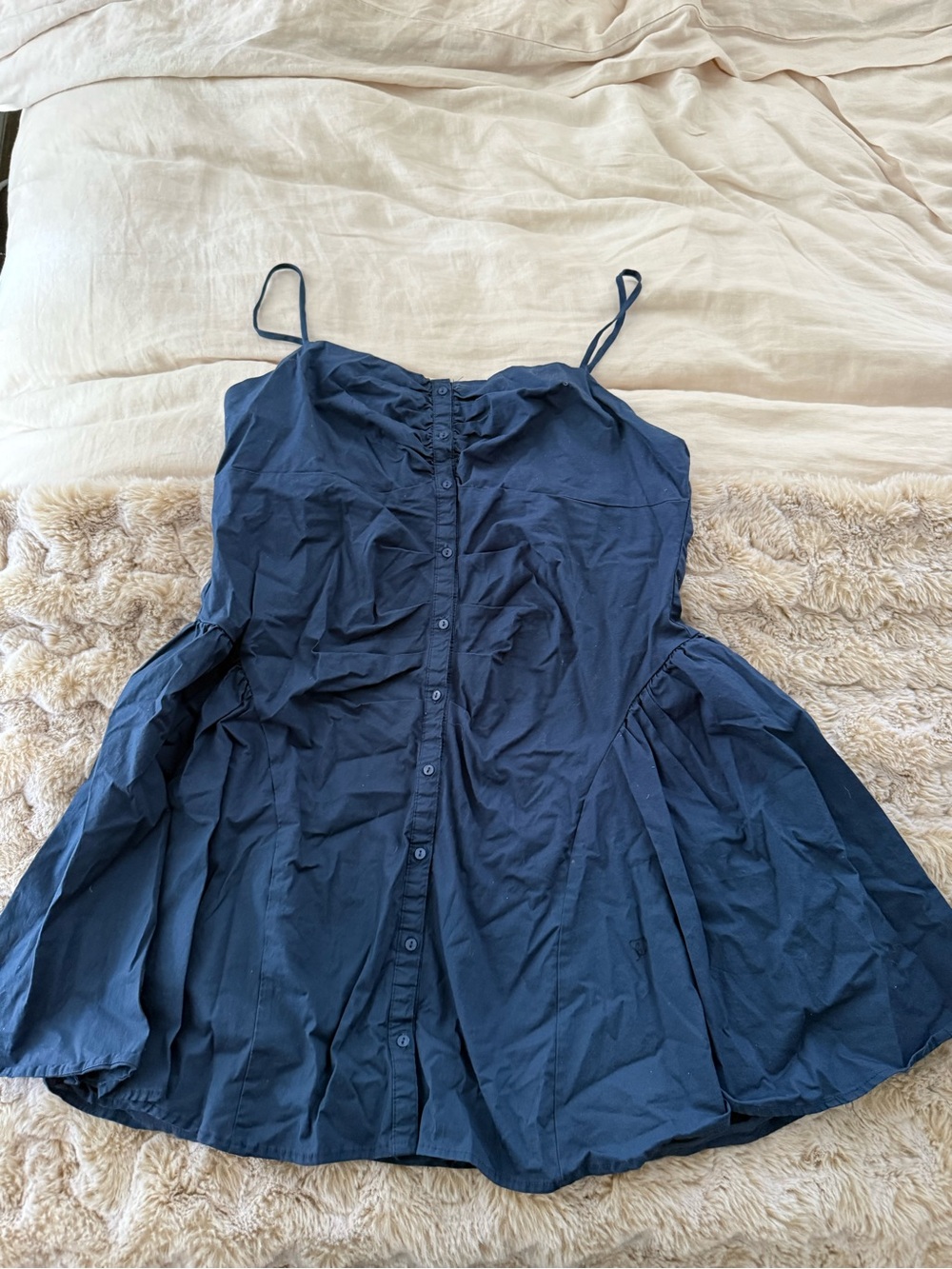 Navy Button-Front Spaghetti Strap Dress